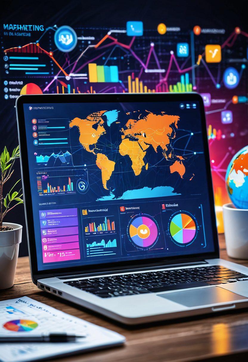 A laptop opened on a desk, displaying a vibrant digital marketing dashboard with charts and graphs. Surrounding the laptop are icons of various social media platforms and tools symbolizing digital solutions. In the background, a globe connected with glowing lines representing global online presence. Vibrant colors, 3D, modern style.