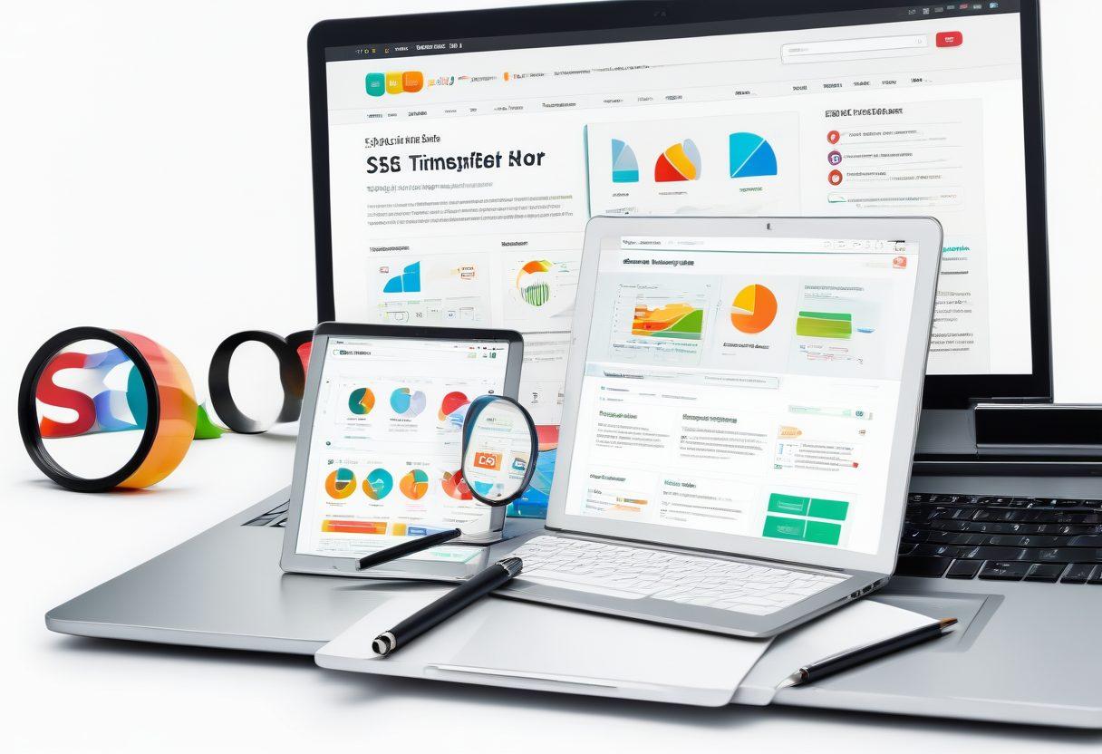 A sleek and modern website displayed on multiple devices (laptop, tablet, smartphone), each showing perfectly optimized layouts. A magnifying glass highlights the search bar on the laptop, symbolizing SEO. Bright, professional, and clean design. super-realistic. vibrant colors. white background.