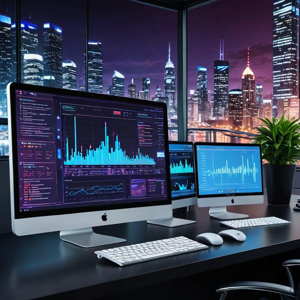 A modern, sleek computer with a vibrant website displayed on the screen, surrounded by digital tools like coding scripts, graphic design elements, and analytics charts. The background should show a futuristic cityscape representing the vast online world. The mood is innovative and professional. super-realistic. vibrant colors.